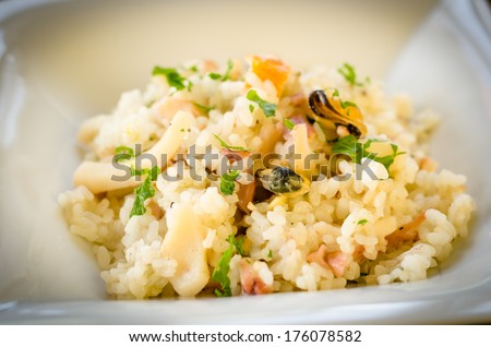 Dish of risotto with seafood, mediterranean cuisine