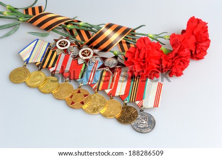 Three red carnations tied with Saint George ribbon and medals with orders on gray