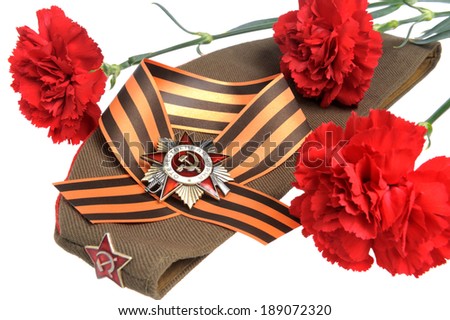 Military cap, order of Great Patriotic war, red flowers, Saint George ribbon isolated