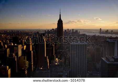 Sunset view of the Empire State Building from the Rockefeller building in new York