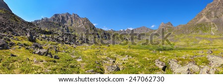 Mountain - Dinosaur. Panorama of summer alpine tundra. Geotag