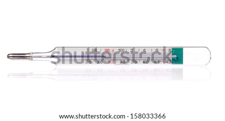 body thermometer displaying healthy human body temperature 36.6 Celsius and 98.6 Fahrenheit, isolated on white background.