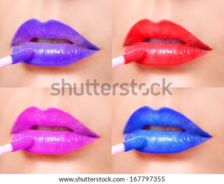 Colorful lips collection. Lipstick with Lip Gloss on Sexy Lips and Brush. Makeup.