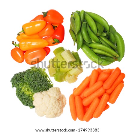 Healthy Organic Vegetables isolated on white background. Peppers, Peas, Cauliflower, Carrots, Celery and Broccoli.