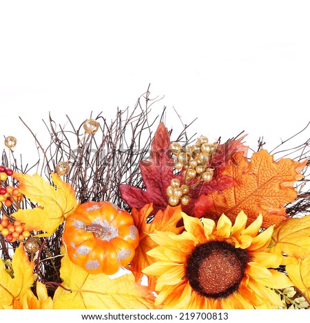 Pumpkin, Sunflowers and Fall Leaves isolated. Autumn or Thanksgiving Bouquet
