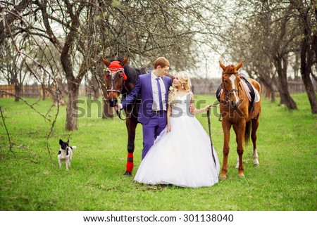 Wedding bride and groom walk with horses in the spring garden.