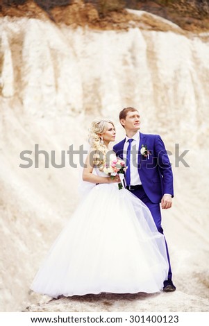 portrait of the bride and groom on the background of white cliffs
