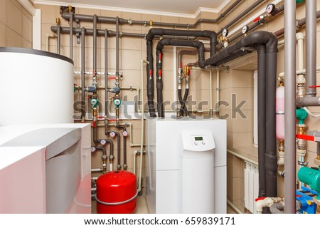Household boiler house with heat pump, barrel; Valves; Sensors and an automatic control unit.