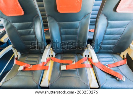 Ukraine, Borispol - MAY 22 : The interior of the plane, seat belts on May 22, 2015 in Borispol, Ukraine