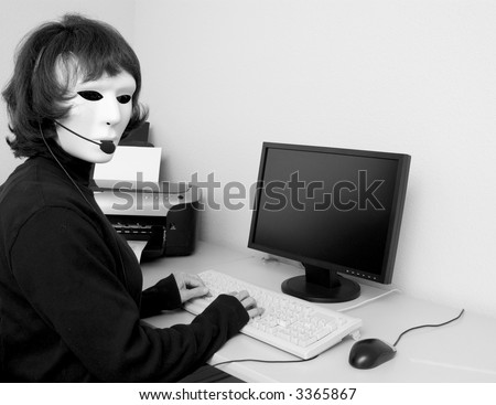 A woman, with an expressionless mask on, to portray the concept of today’s faceless, anonymous, helpdesk type communication.