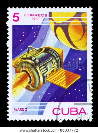 CUBA - CIRCA 1983: A stamp printed by CUBA shows flying spacecraft in space. Mars 2, circa 1983