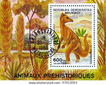 MALAGASY - CIRCA 1988: A stamp printed in Vietnam shows prehistoric animal dinosaur, circa 1988