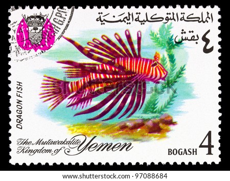 YEMEN - CIRCA 1967: A stamp printed in the Kingdom of Yemen, shows Tropical Fish, Dragon fish, circa 1967