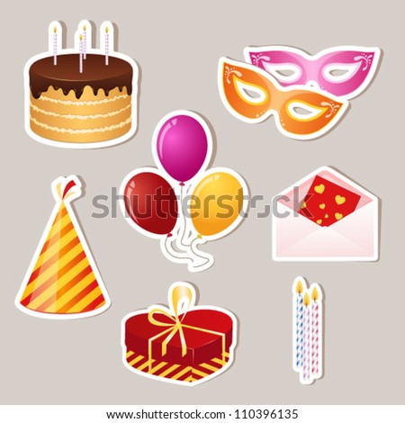 holiday birthday party stickers. vector icon set