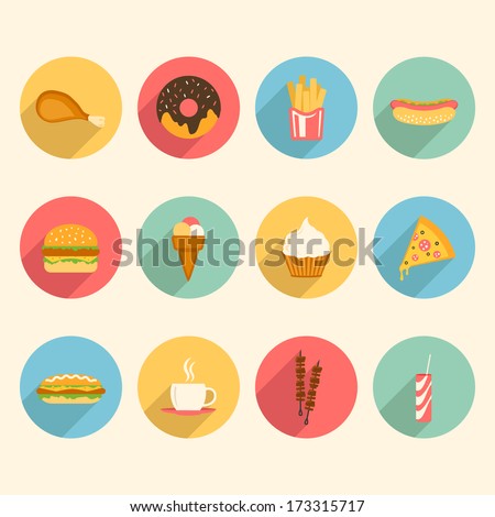 fast food colorful flat design icons set. template elements for web and mobile applications