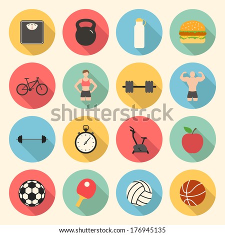 fitness sport and health colorful flat design icons set. template elements for web and mobile applications