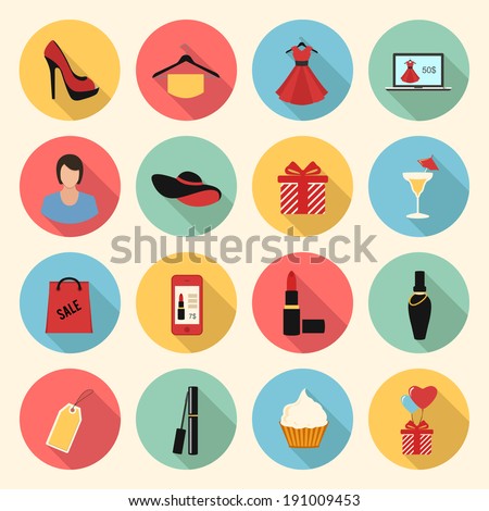 woman fashion and beauty vector colorful flat style icons set. clothing, gifts, make up, shopping