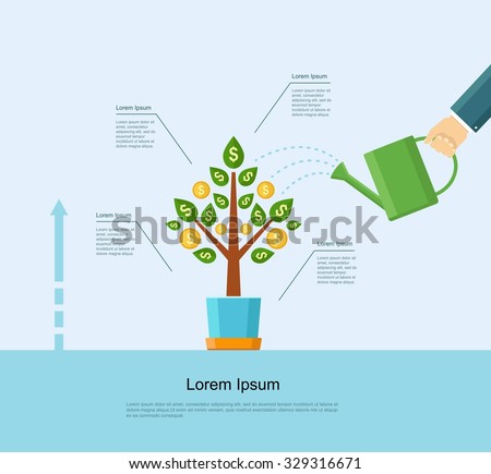 Hand of business person watering money tree. Money growing on tree. Money growth, making money, investment, profit, financial management concept