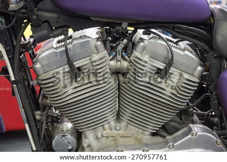 Close up of a twin cylinder motorcycle engine