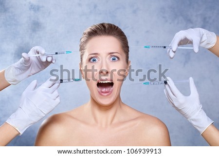 Scared woman screaming / Beauty treatment with botox