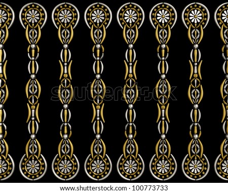Jewelry background pattern made from silver and golden seed beads isolated on black background. Luxury jewelry ornament design