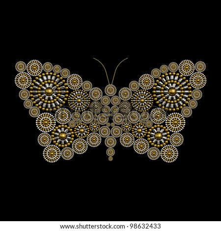 Jewelry butterfly ornament conceptual design made from metallic seed beads isolated on black background. Luxury jewelry design