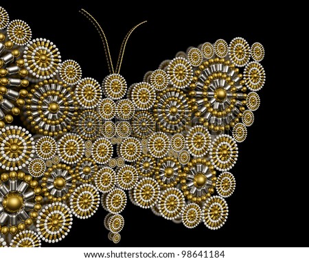Luxury jewelry butterfly ornament background design made from metallic seed beads isolated on black background. Luxury background.