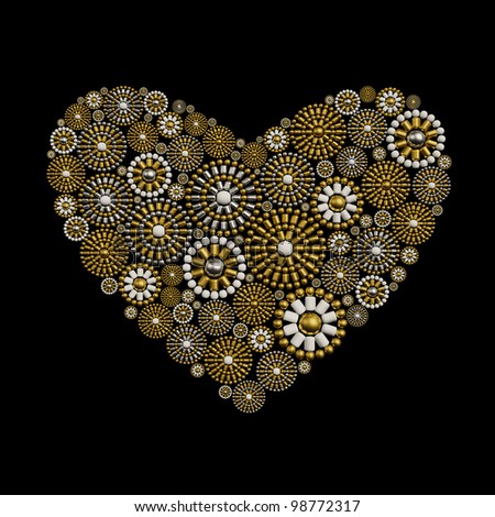 Jewelry heart shape love concept made from metallic seed beads isolated on black background. Luxury love concept