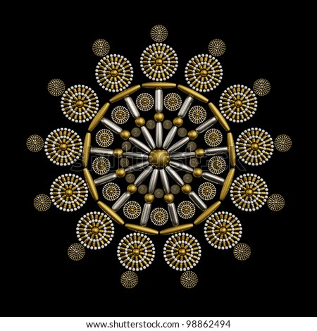 Jewelry ornament design made from metallic seed beads isolated on black background. Luxury ornament concept