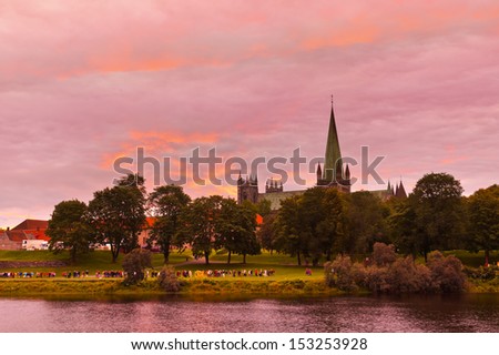 Cathedral in Trondheim Norway at sunset - architecture background