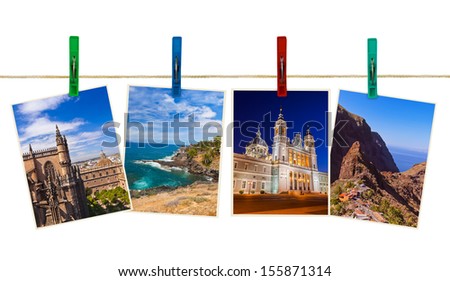 Spain travel photography on clothespins isolated on white background