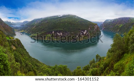 Panorama of Geiranger fjord Norway - nature and travel background