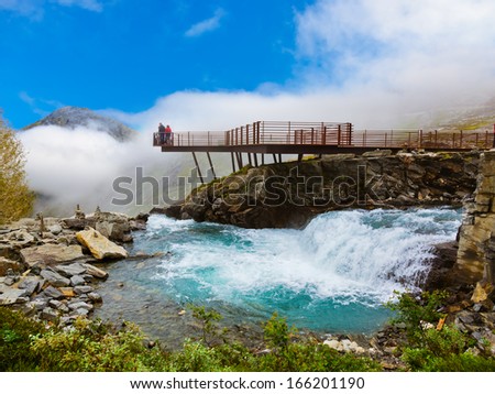Stigfossen waterfall and viewpoint in Norway - nature and travel background