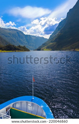 Ship and fjord Sognefjord - Norway - nature and travel background