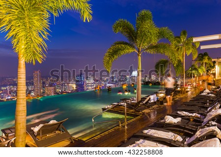 Pool on roof and Singapore city skyline - architecture and travel background