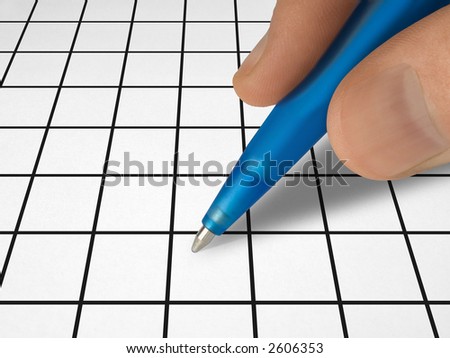 Pen in hand and crossword (closeup), clipping path for hand