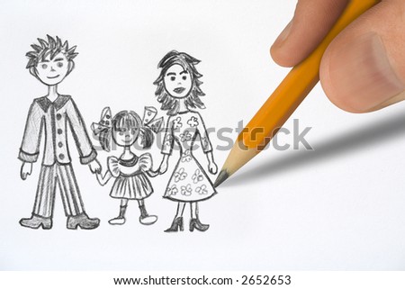 Drawing Happy family, pencil in hand closeup