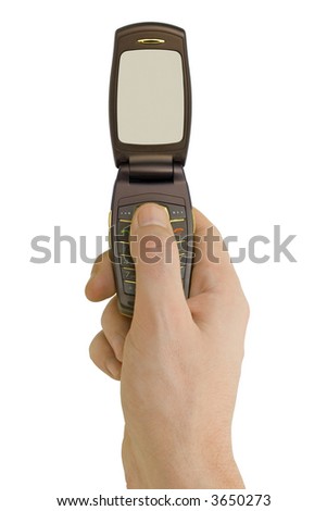Flip phone in hand, isolated on white background