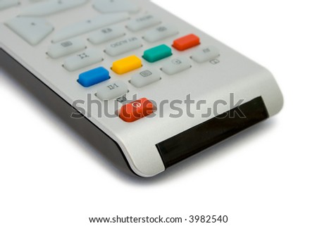 Television remote control, close-up, isolated on white background