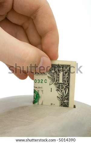 Hand load money to bank, isolated on white background