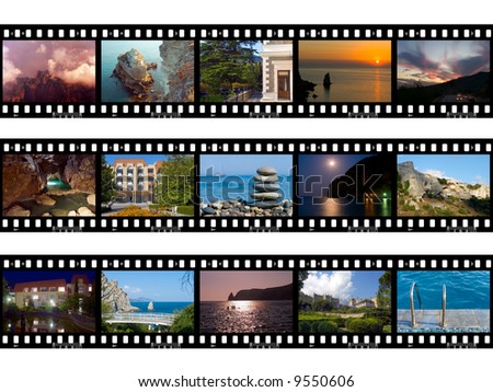 Frames of film, nature and travel (my photos), isolated on white background