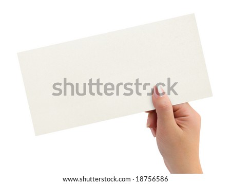 Greeting card in woman hand isolated on white background