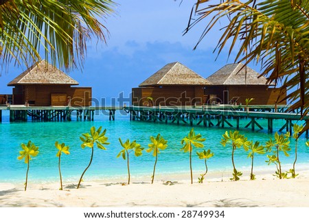 Water bungalows on a tropical island - vacation background
