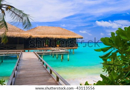 Water bungalows on a tropical island - travel background