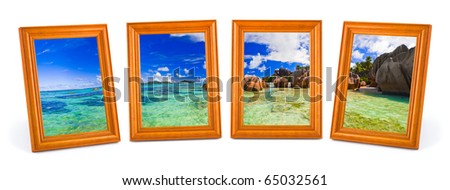Panorama of tropical beach in frames isolated on white background