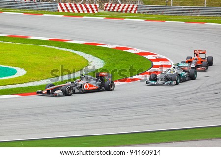 SEPANG, MALAYSIA - APRIL 10: Cars on track at race of Formula 1 GP, April 10, 2011, Sepang, Malaysia