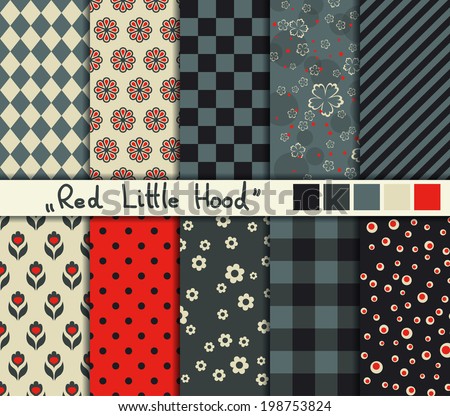 Set of 10 simple seamless patterns Red Little Hood color palette Set of 10 simple seamless patterns Red Little Hood color palette