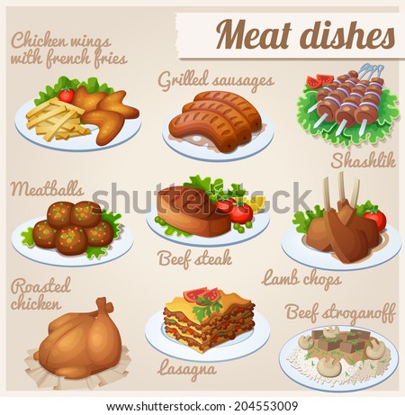 Set of food icons Meat dishes Chicken wings with french fries grilled sausages shashlik meatballs beef steak lamb chops roasted chicken lasagna beef stroganoff Set of food icons Meat dishes Chicken wings with french fries grilled sausages shashlik meatballs beef steak lamb chops roasted chicken lasagna beef stroganoff