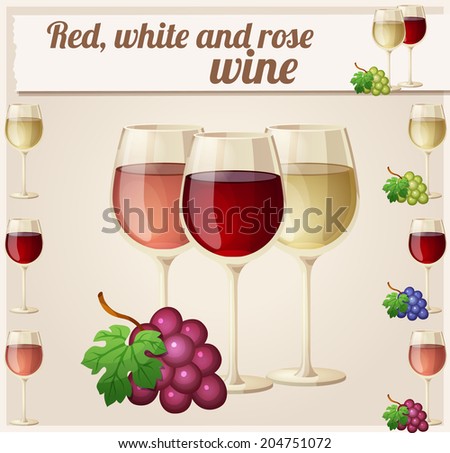 Red, white and rose wine in glasses. Detailed Vector Icon. Series of food and drink and ingredients for cooking.