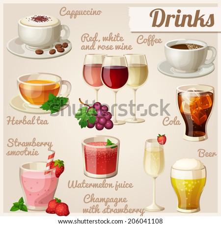 Set of food icons. Drinks. Cup of cappuccino, red, white and rose wine in glasses, cup of coffee, herbal tea, cola with ice cubes, strawberry smoothie, watermelon juice, champagne, glass of beer.